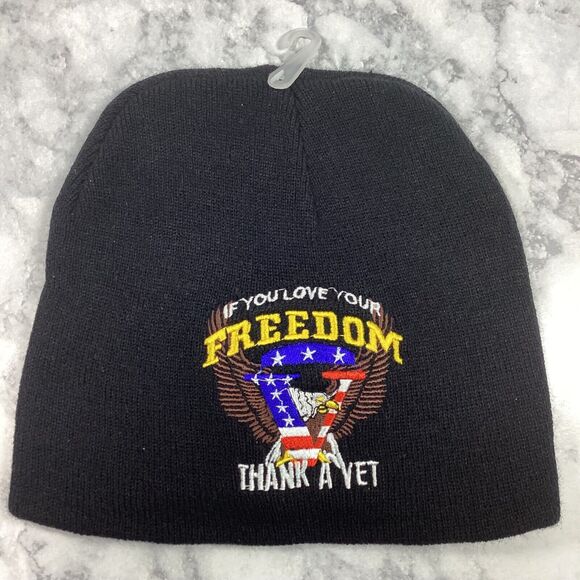 If You Love Your Freedom Thank A Vet Toboggan Eagle Beanie Cap Hat NWOT One Size - Picture 1 of 3